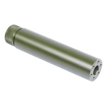 Anodized green firearm suppressor with knurled grip, engineered for tactical use and sound reduction.