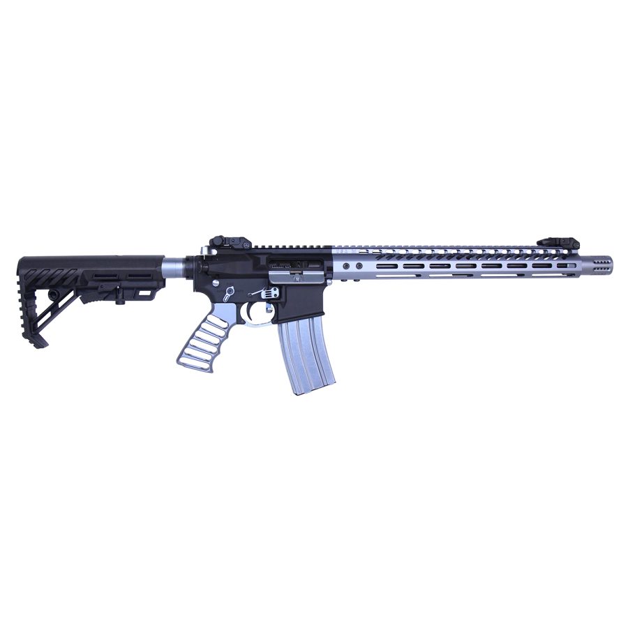 Tactical AR-15 rifle with M-LOK handguard, adjustable stock, two-tone finish, and translucent magazine.