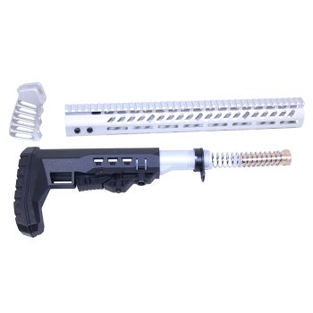 Custom rifle parts: adjustable stock, aluminum handguard with Picatinny rail, vertical foregrip.
