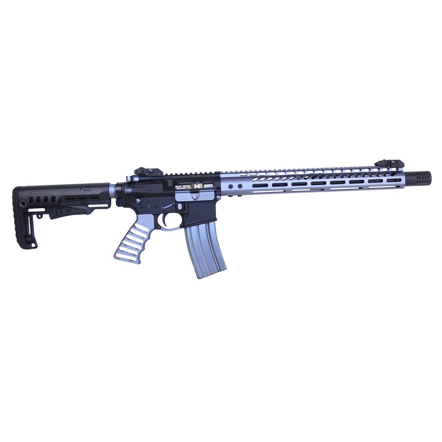 Two-tone AR rifle with black and silver features on a white background.