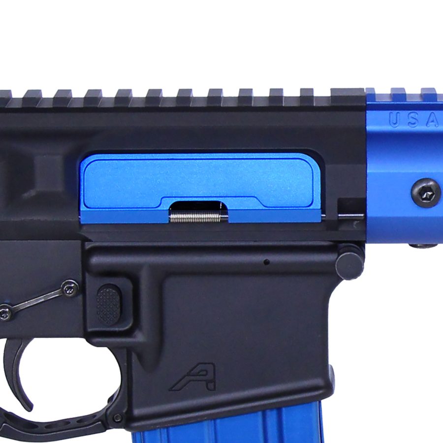 Close-up of custom blue-anodized AR-15 receiver with black contrasts and precision machining.