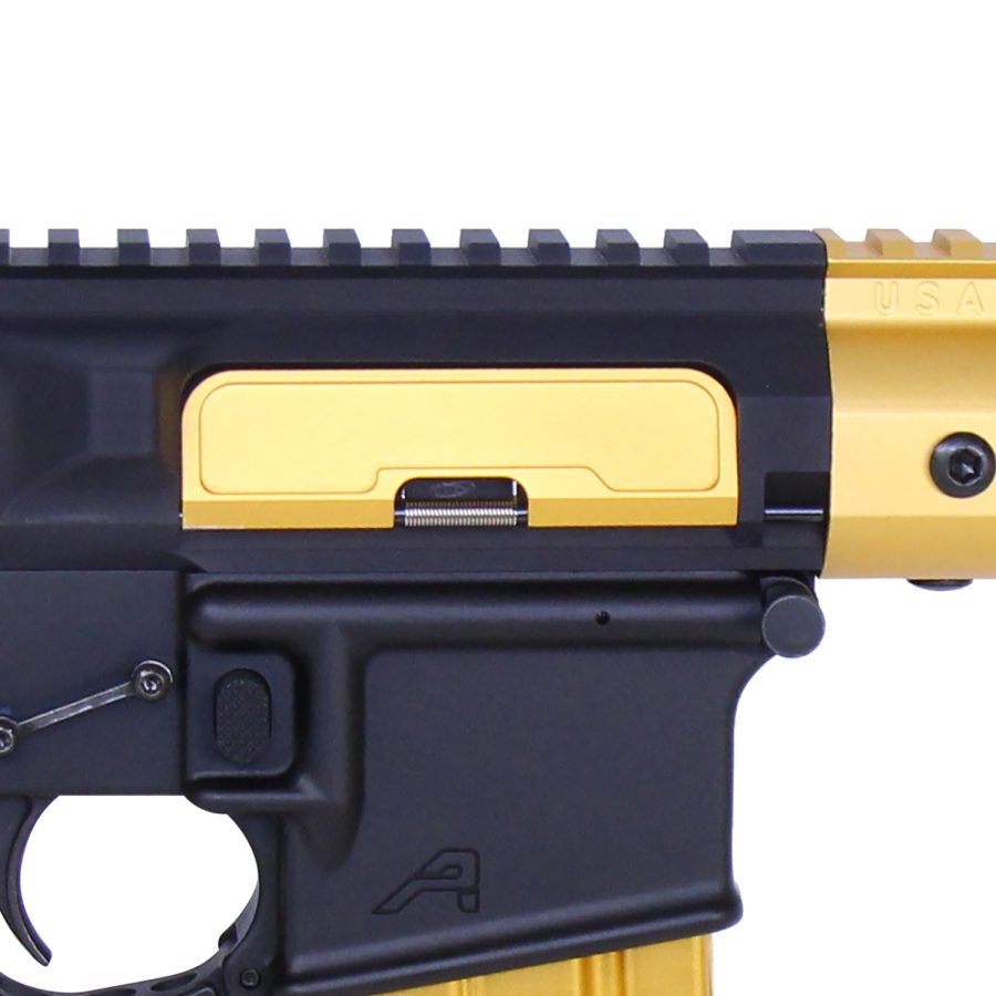 Custom black and gold firearm upper and lower receiver with A logo and Picatinny rail.