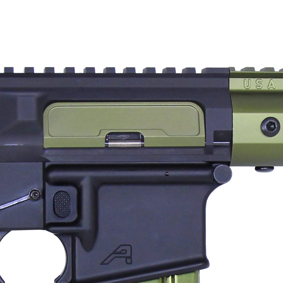 Close-up of AR-style rifle: upper/lower receivers, two-tone design, and visible ejection port.