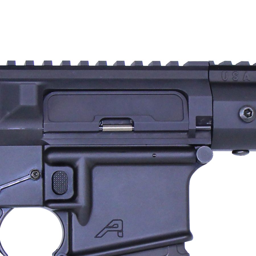 Close-up AR-style upper receiver with Picatinny rail, ejection port, and anodized aluminum construction.