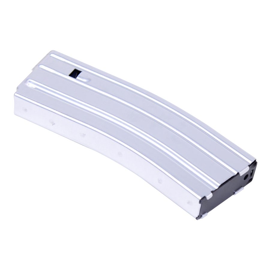 Polished silver AR-15 magazine: curved design, ribbed for strength, black base plate.