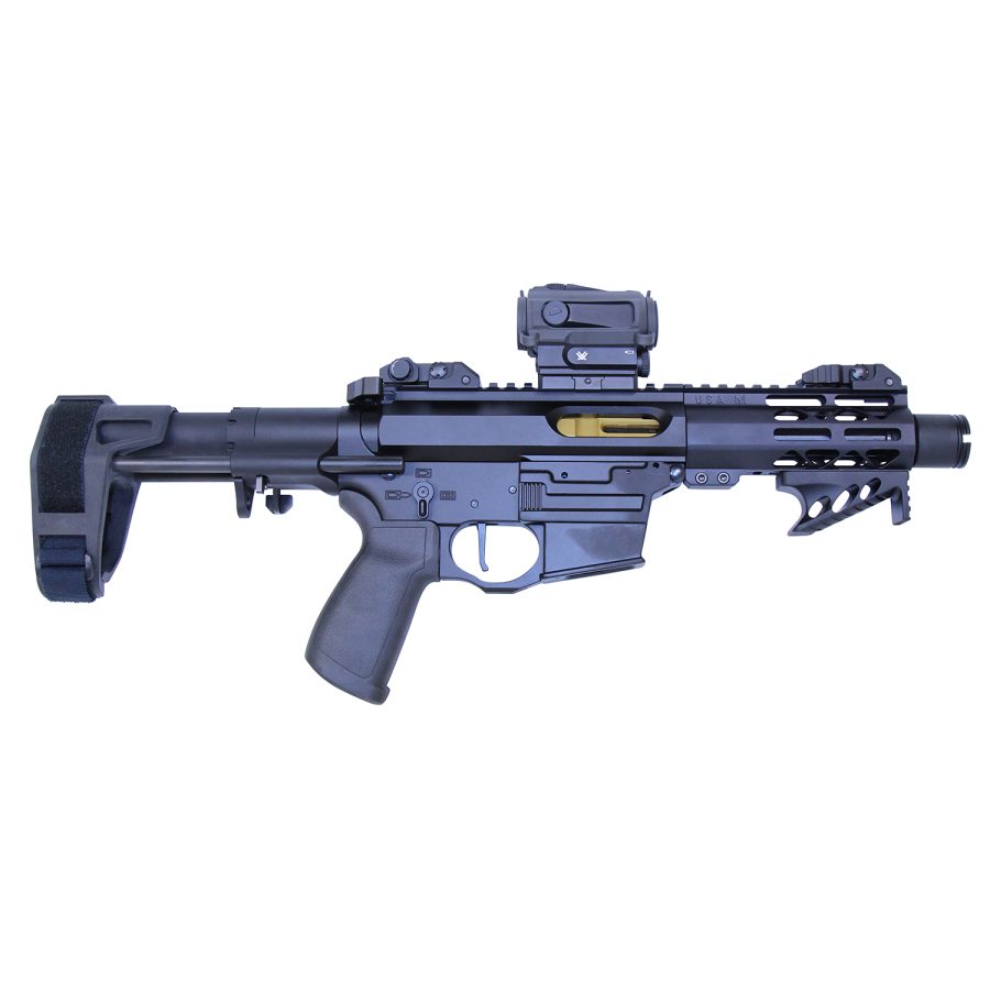 Compact black semi-automatic pistol with red dot sight, stabilizing brace, and ergonomic grip.
