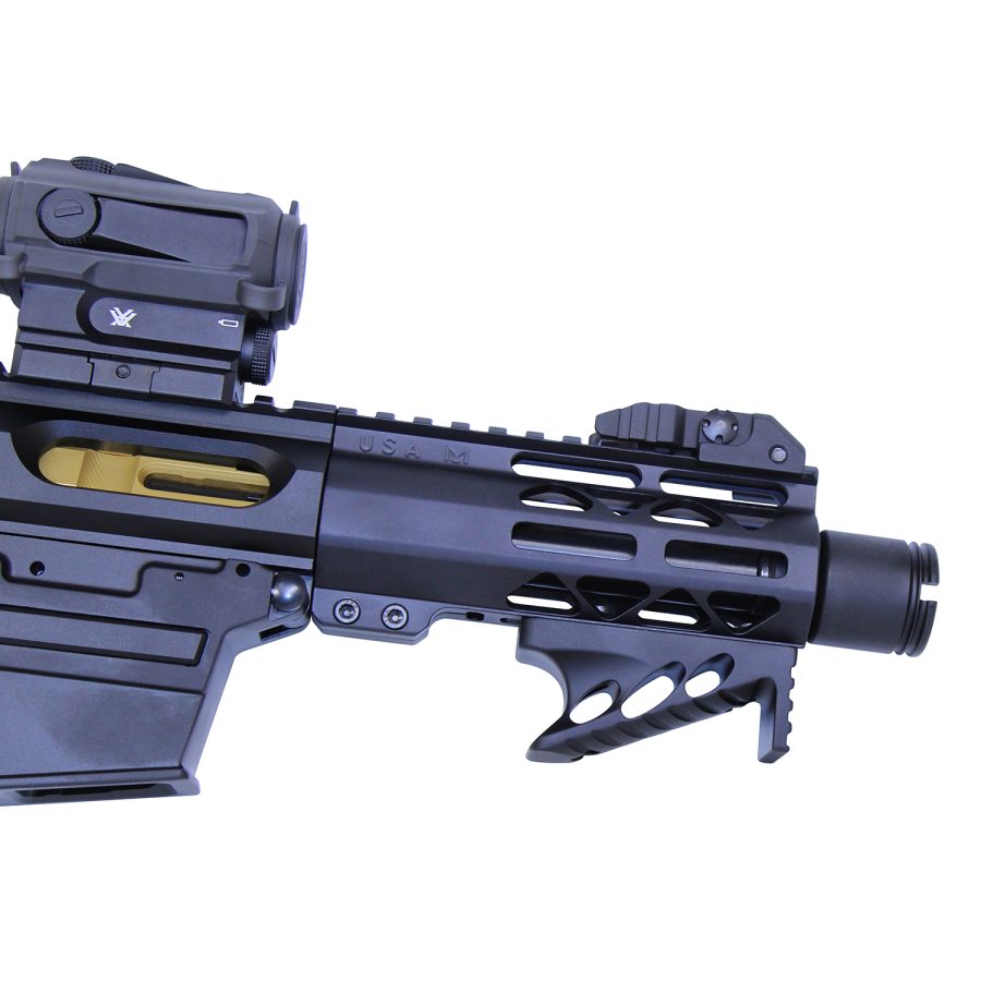 Close-up of modern tactical rifle with optic, handguard, and tactical components.