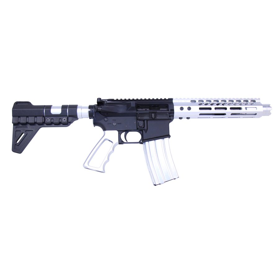 Compact AR-15 style pistol with black receiver, silver handguard, clear grip, and tactical design.