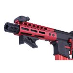 Close-up of modern red and black custom tactical firearm with unique design features.