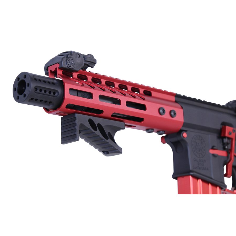 Close-up of modern red and black custom tactical firearm with unique design features.