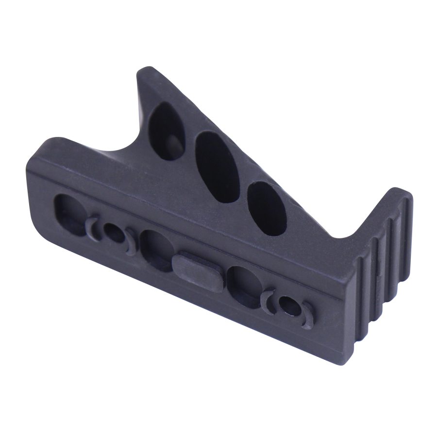 Black tactical angled grip with triangular design, circular cutouts, polymer build for rifles.