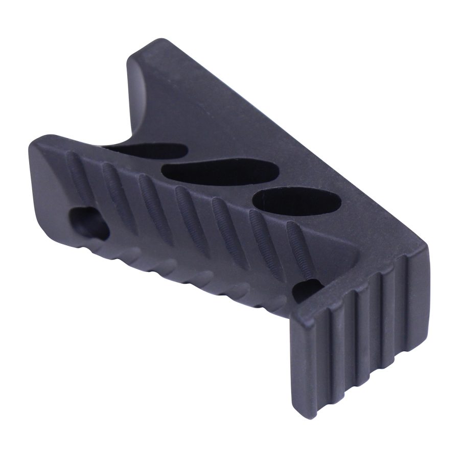Anodized aluminum muzzle brake with gas ports and serrated design for recoil reduction.