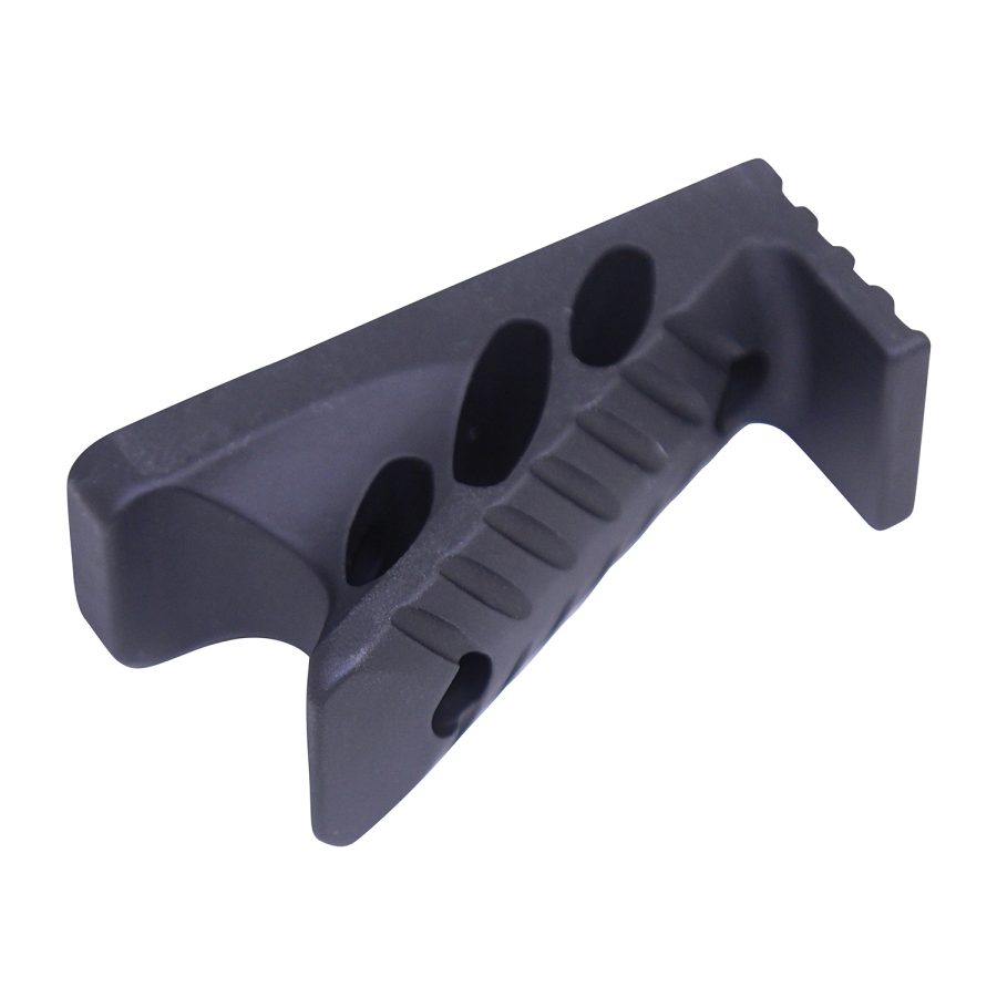 Black ergonomic angled foregrip for improved firearm control, mounts on picatinny rail system.