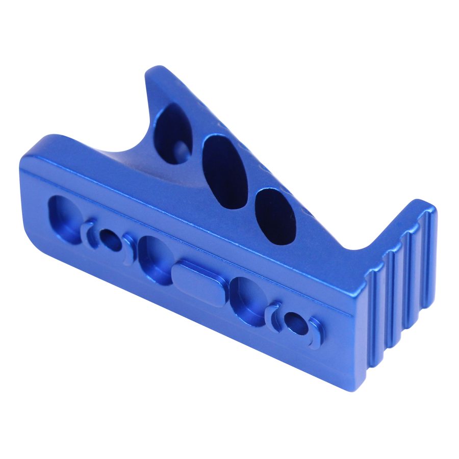 Blue anodized aluminum part with wedge shape and cutouts for high-performance system use.