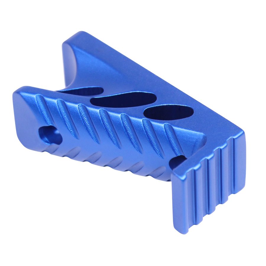 Cobalt blue anodized aluminum firearm grip with precision cuts and functional ports.