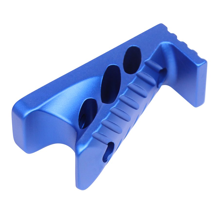 Blue anodized aluminum angled foregrip with ergonomic design and textured grip for firearms.