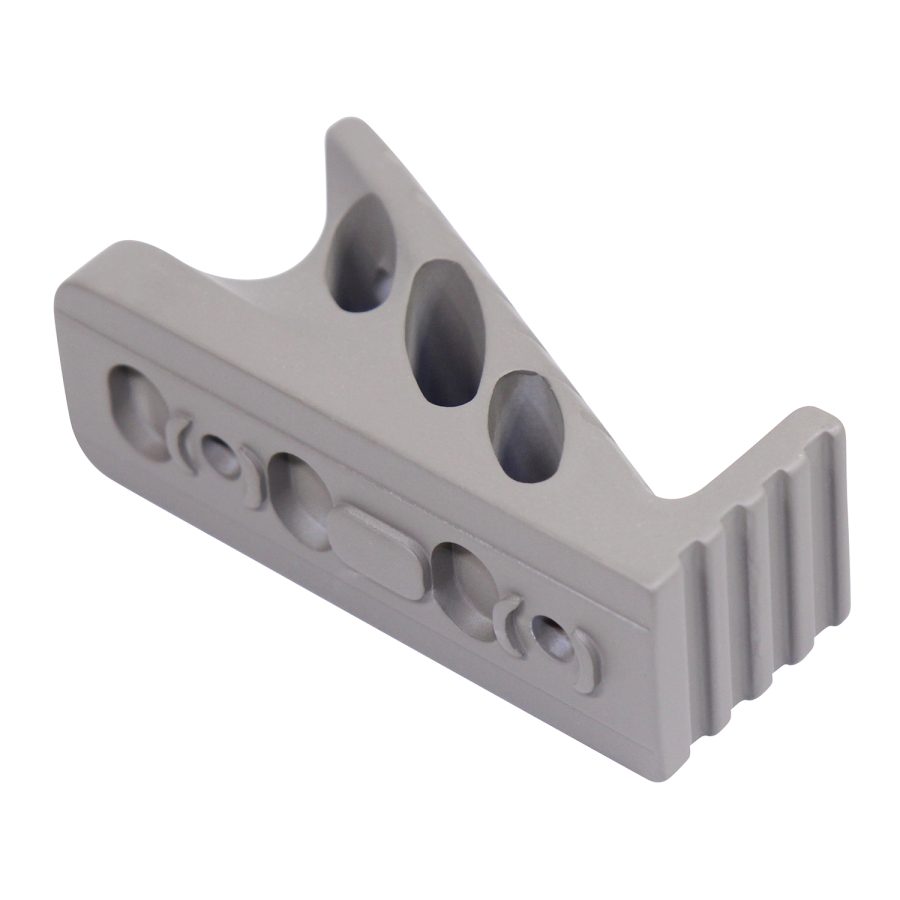 Angled gray bracket with three holes for cables, featuring mounting holes and side ridges.