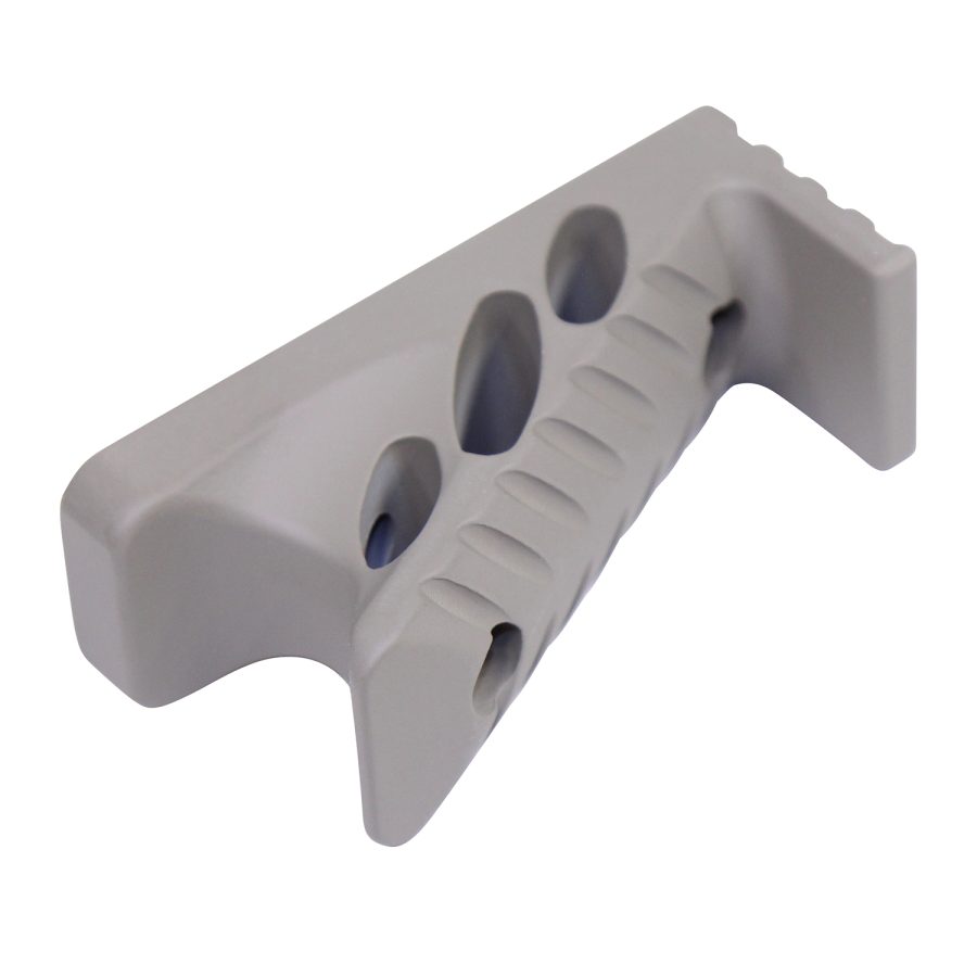 White plastic bracket with angular design and three circular holes for versatile mounting applications.