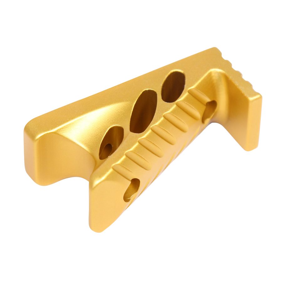 Gold precision-machined metal component, with cutouts and stepped design, for mounting applications.