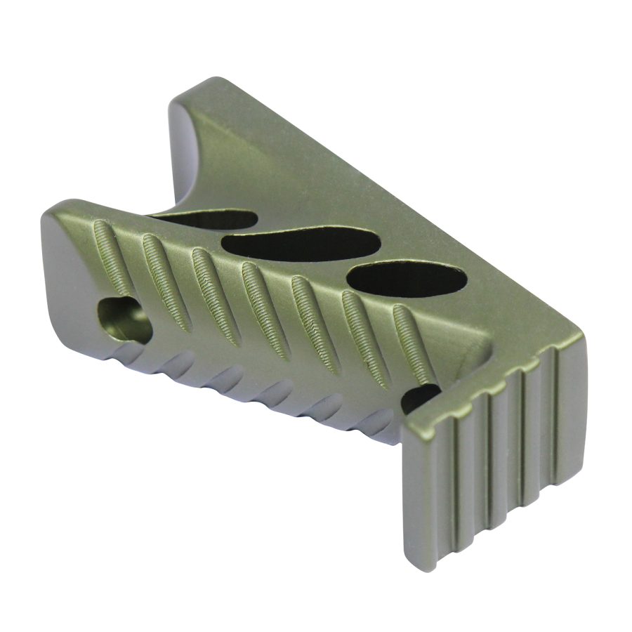 Olive green anodized firearm compensator with CNC precision, ports, and serrated sides for recoil reduction.