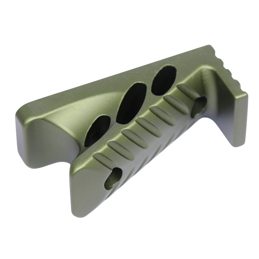 Olive green anodized firearm rail attachment with ergonomic, lightweight design and functional weight-reducing cutouts.