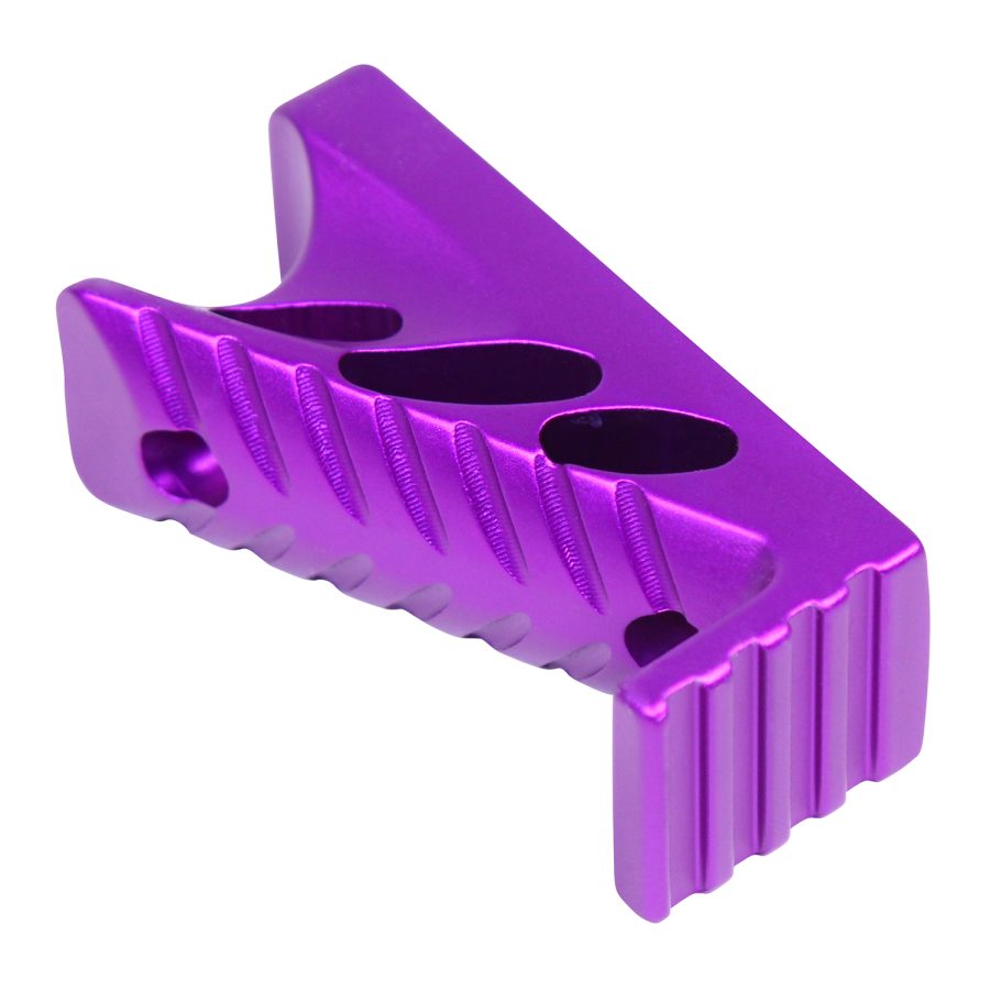 Anodized purple CNC machined component with triangular shape and circular holes.