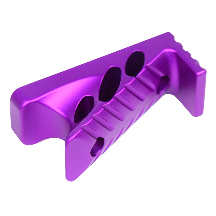 Bright purple anodized tactical handguard with ergonomic design and precision-machined features.