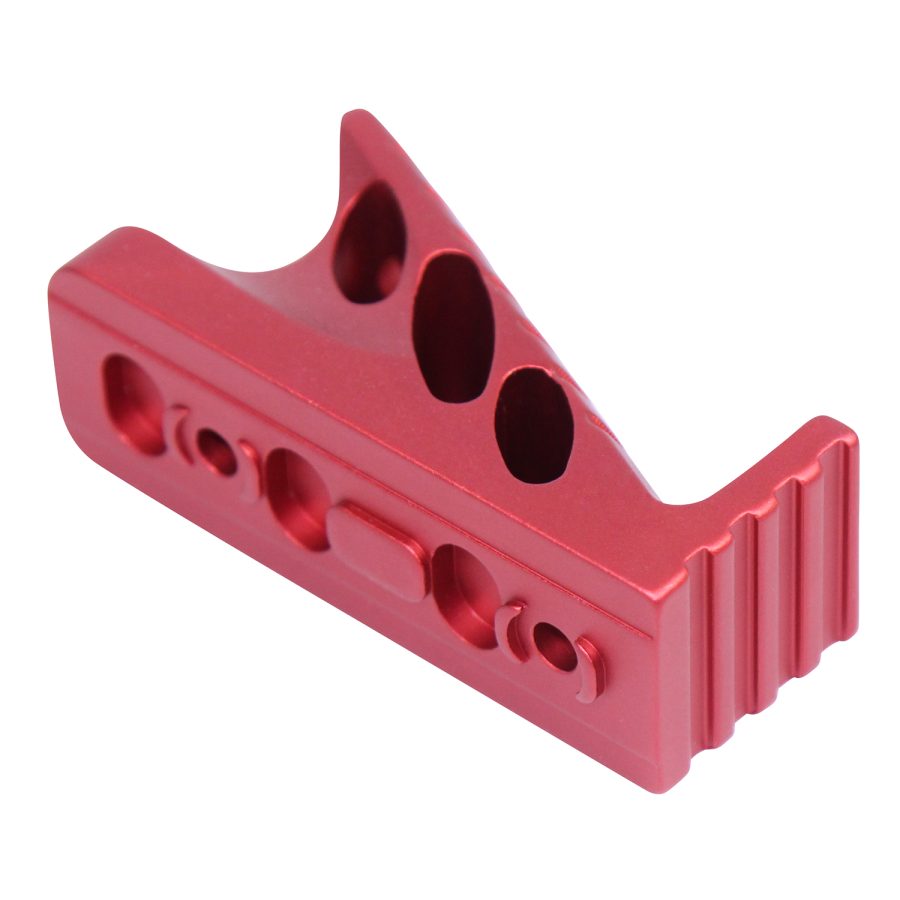 Red anodized aluminum mount with angular design and cutouts for precision equipment.