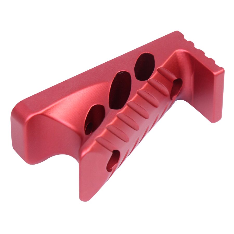 Red anodized CNC machined tactical grip attachment with ergonomic design and circular cutouts.