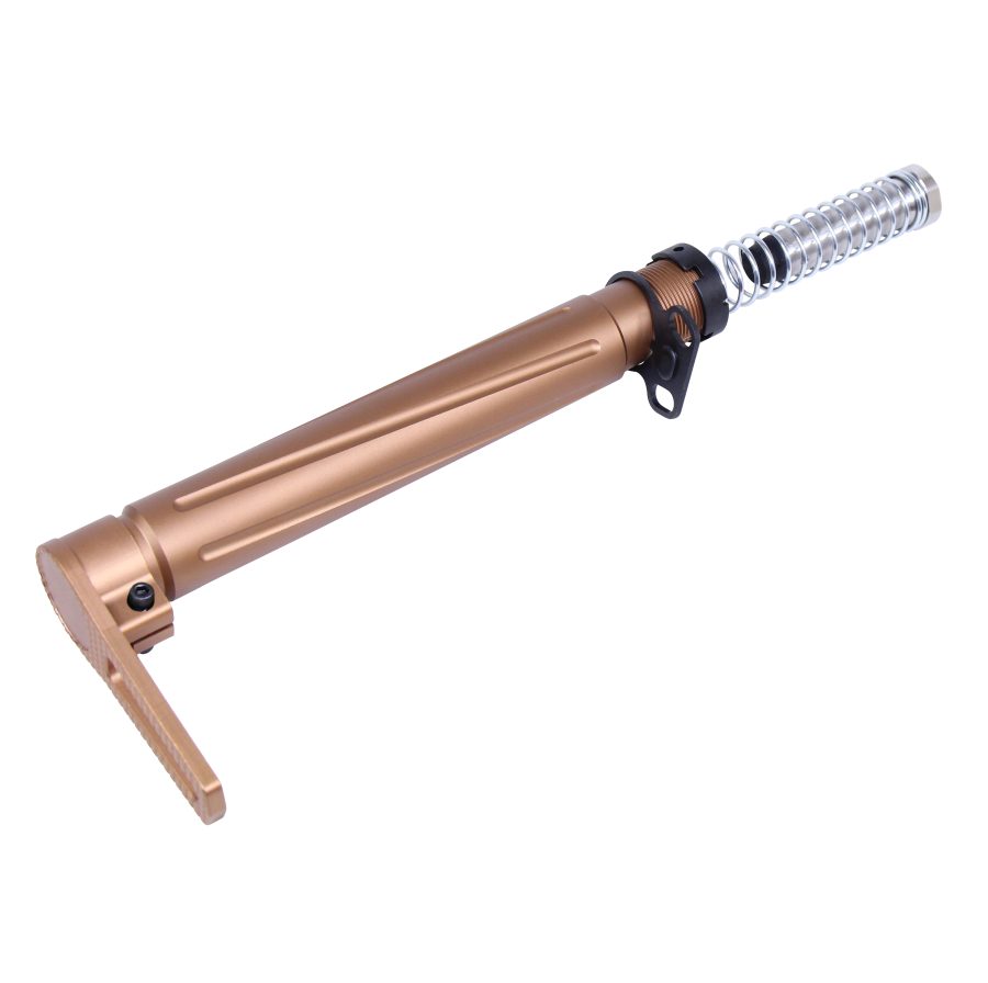 Bronze AR-15 buffer tube assembly with adjustable stock, silver recoil spring, and black collar.