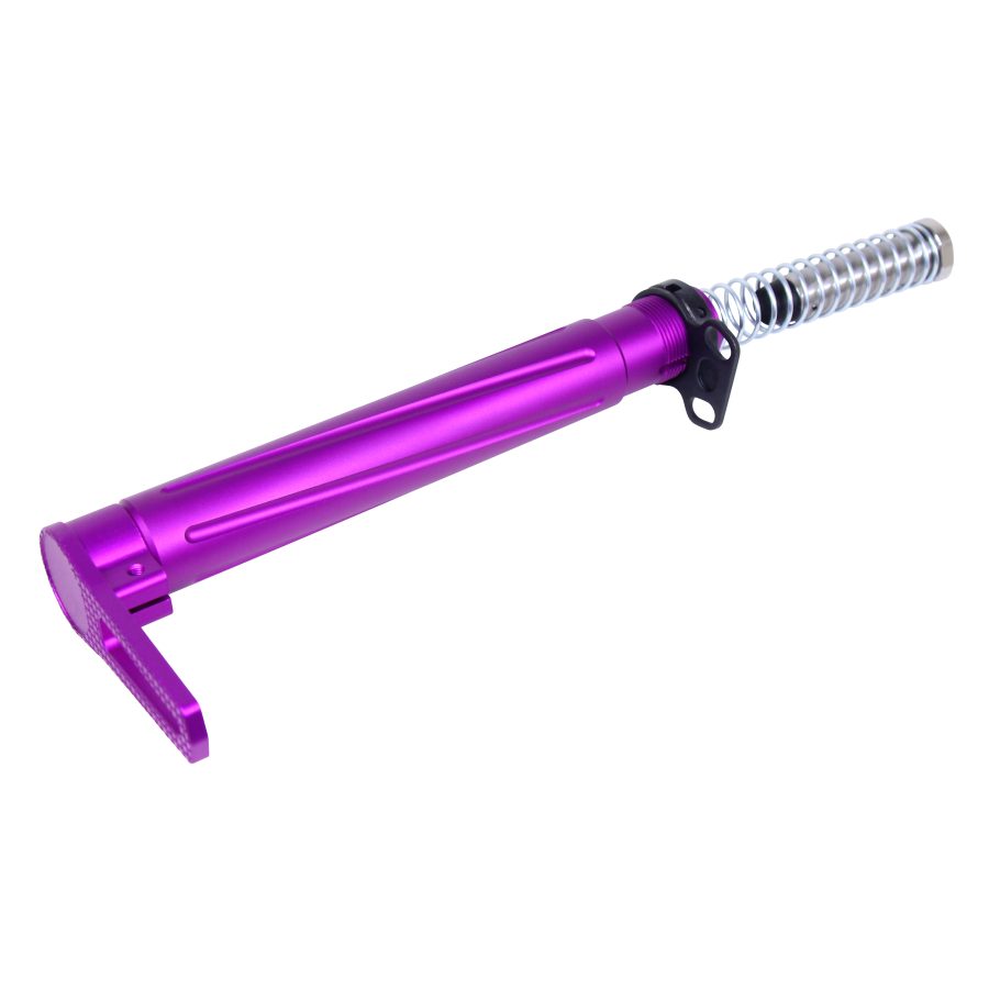 Anodized purple AR-15 buffer tube with silver spring and black nut on white background.