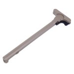 Tan tactical AR-15 charging handle with ergonomic latch and matte aluminum finish.