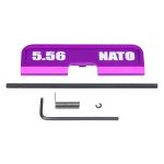 Purple anodized AR-15 dust cover kit with tools, marked 5.56 NATO.