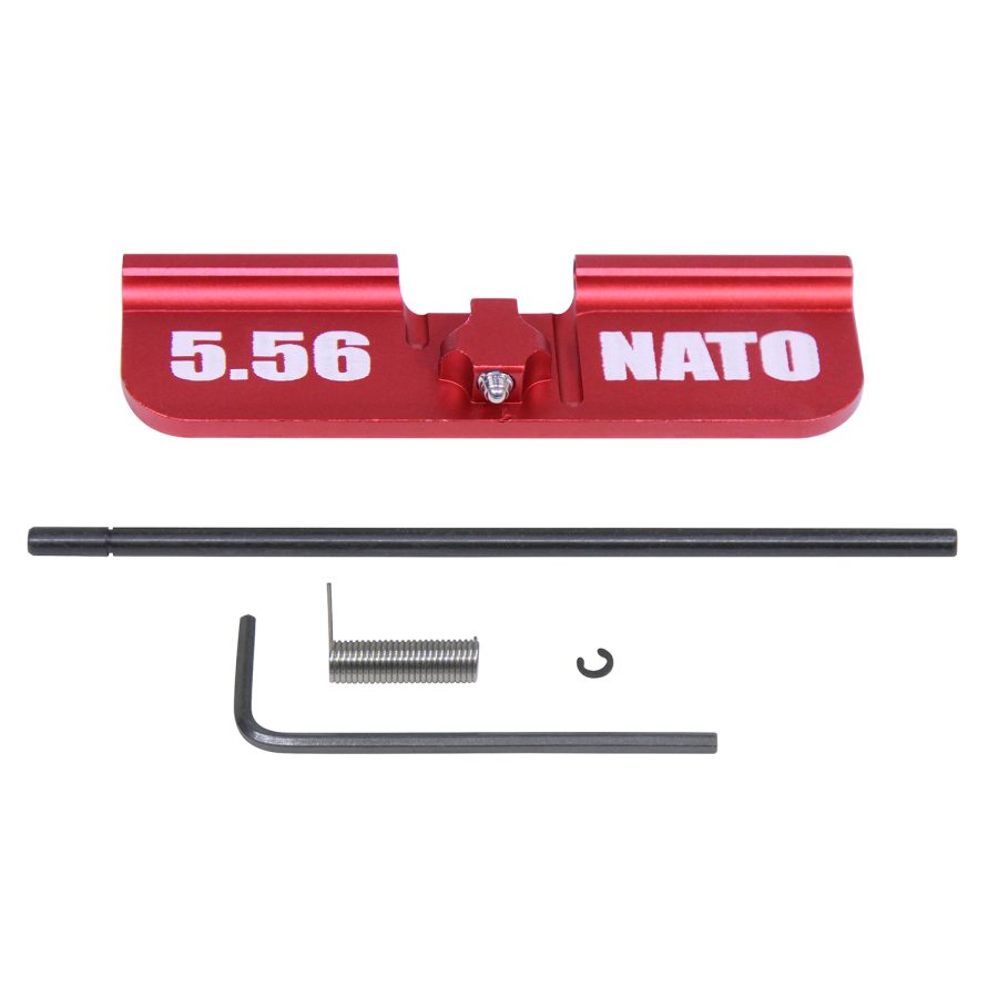 Bright red AR-15 dust cover with 5.56 NATO marking, includes installation hardware.