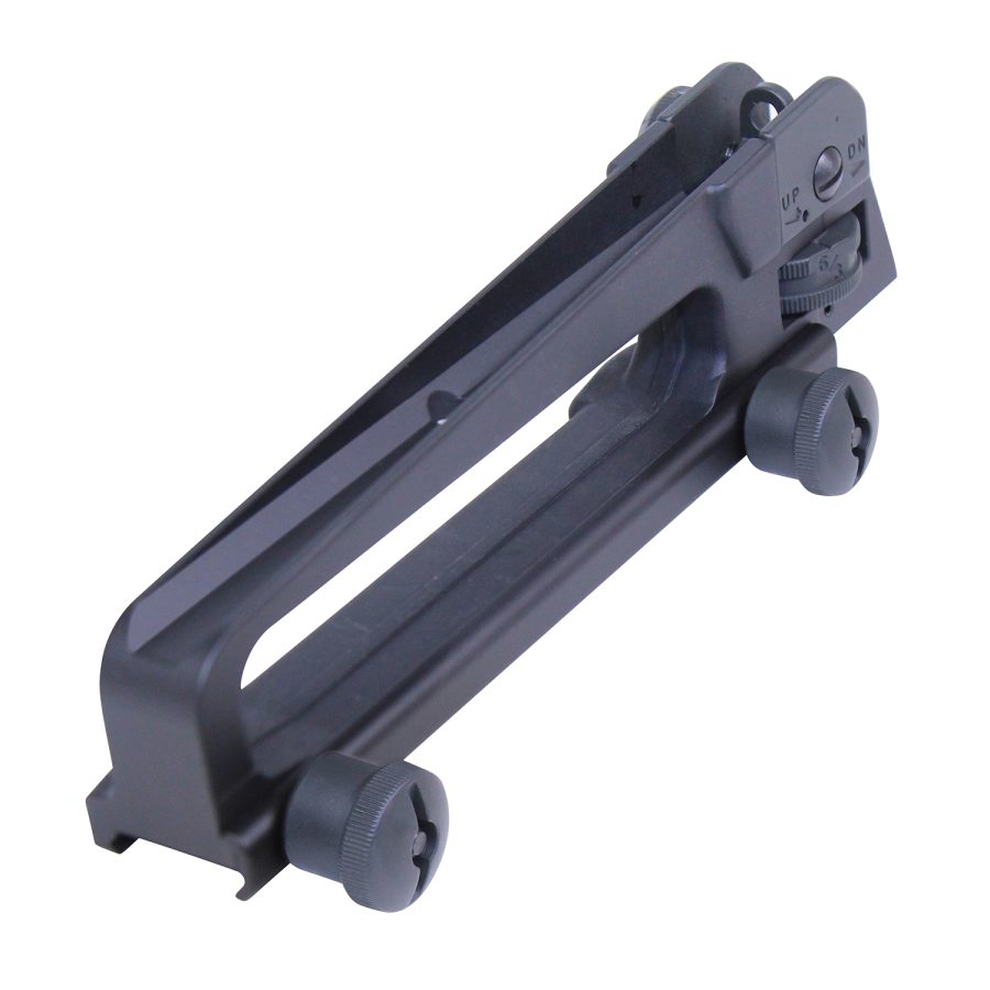 Matte black AR-15 carry handle with adjustable rear sight, durable design for rail mounting.