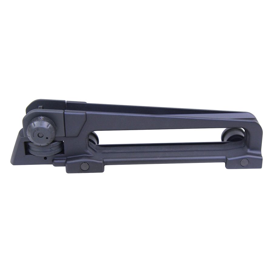 AR-15 Picatinny carry handle mount, black anodized, with optic mounting platform and adjustment knob.