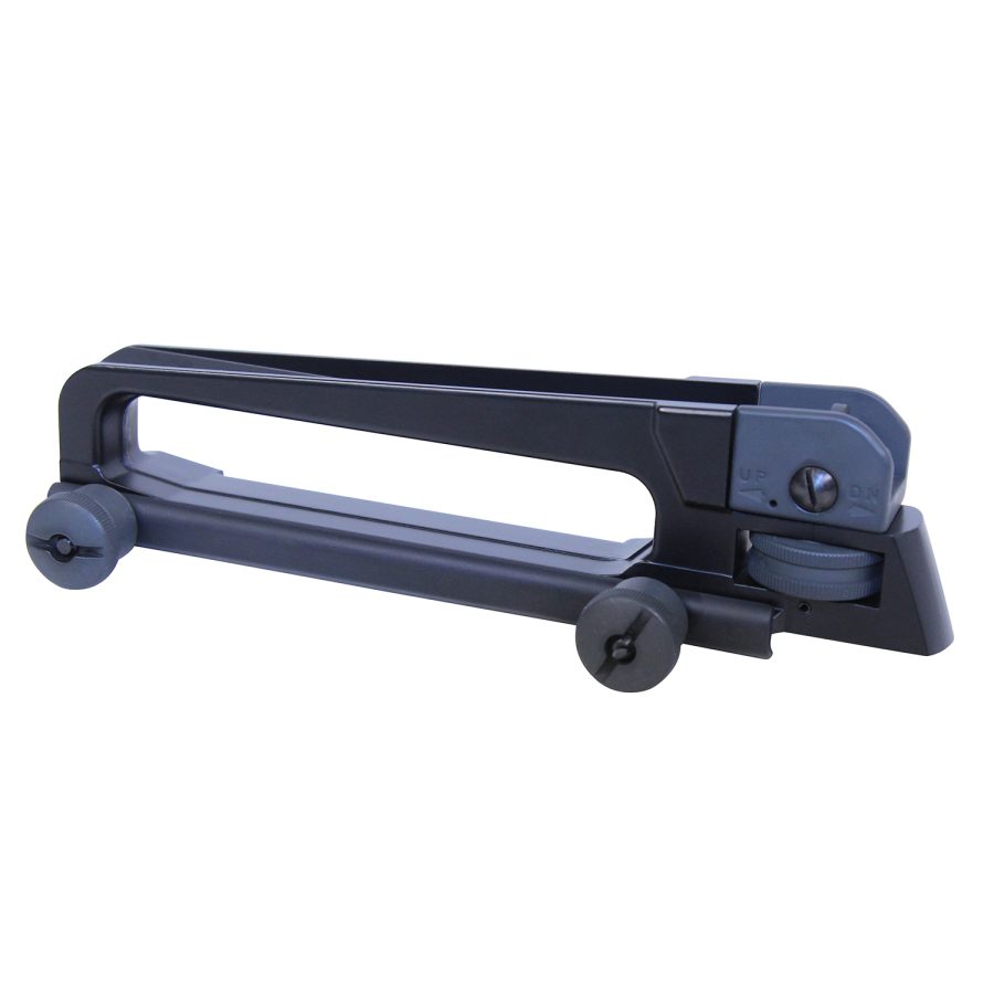 Black detachable AR-15 carry handle with integrated iron sights and adjustment knobs for precision shooting.