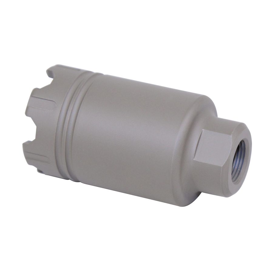 Precision-machined muzzle brake, matte finish, pronged tip, threaded base for firearm attachment.