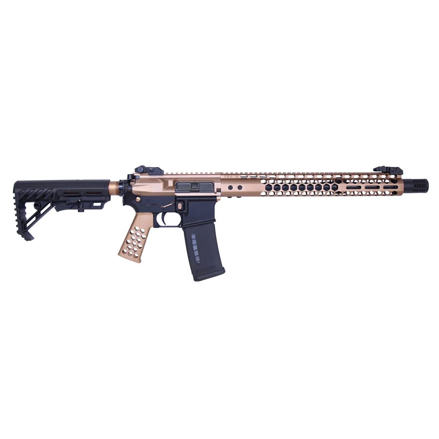 Two-tone black and tan AR-15 with extended rail and adjustable stock for accessories.