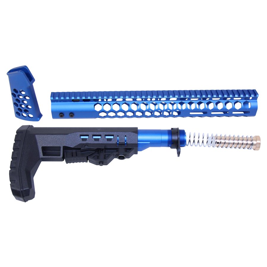 Blue anodized AR-15 custom parts kit with honeycomb design and ergonomic enhancements.