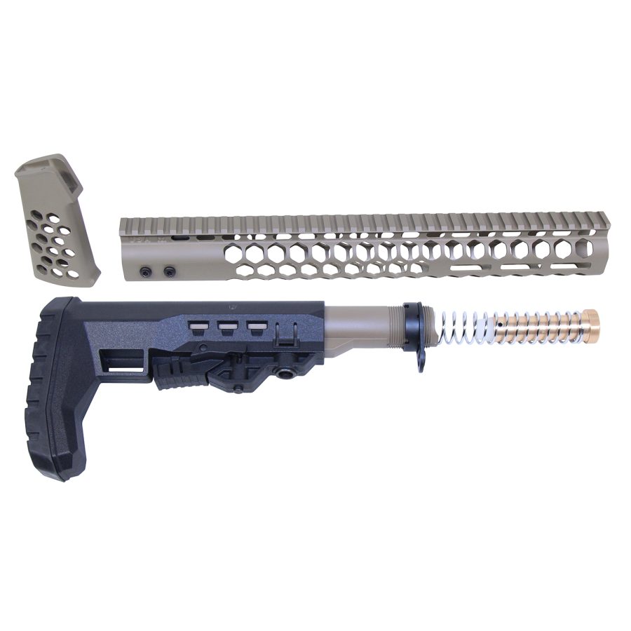 Disassembled custom AR-15 parts kit in FDE and black, featuring stock, handguard, and pistol grip.