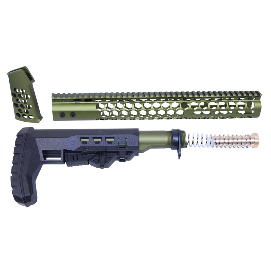 Disassembled AR-15 tactical accessory kit in olive green with hex pattern rail and adjustable stock.