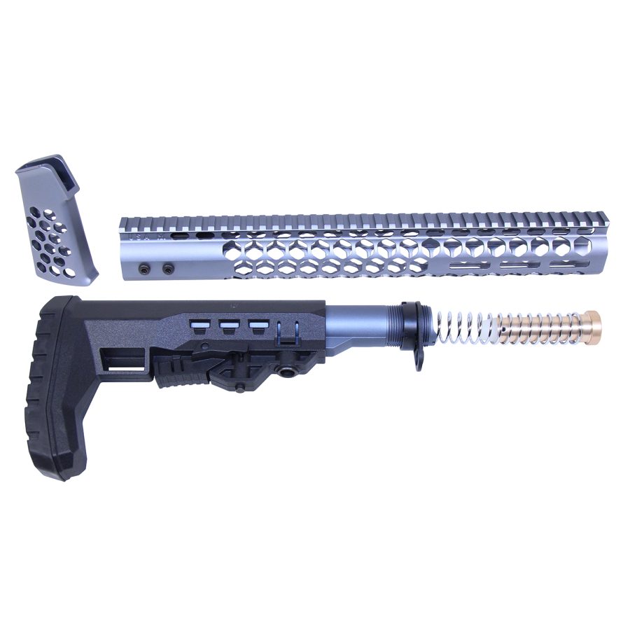 Disassembled custom AR-15 parts: buttstock, buffer system, metallic handguard, and grip/muzzle component.