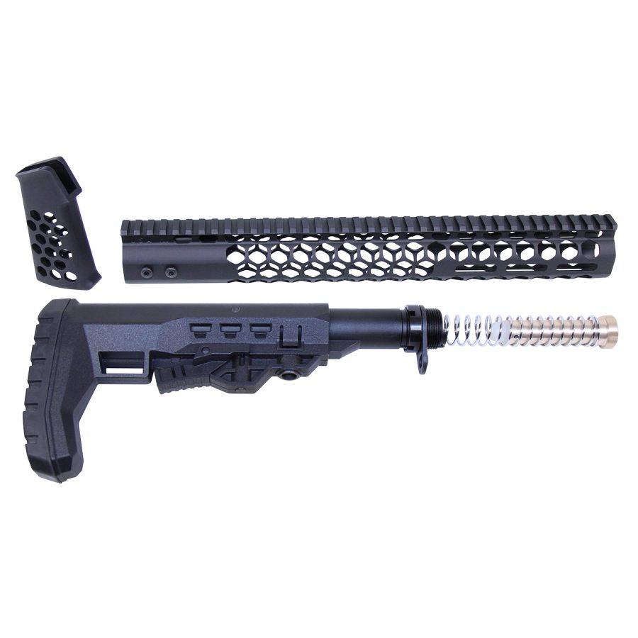 Disassembled AR rifle parts: honeycomb rail, adjustable stock, buffer spring, textured grip on white.