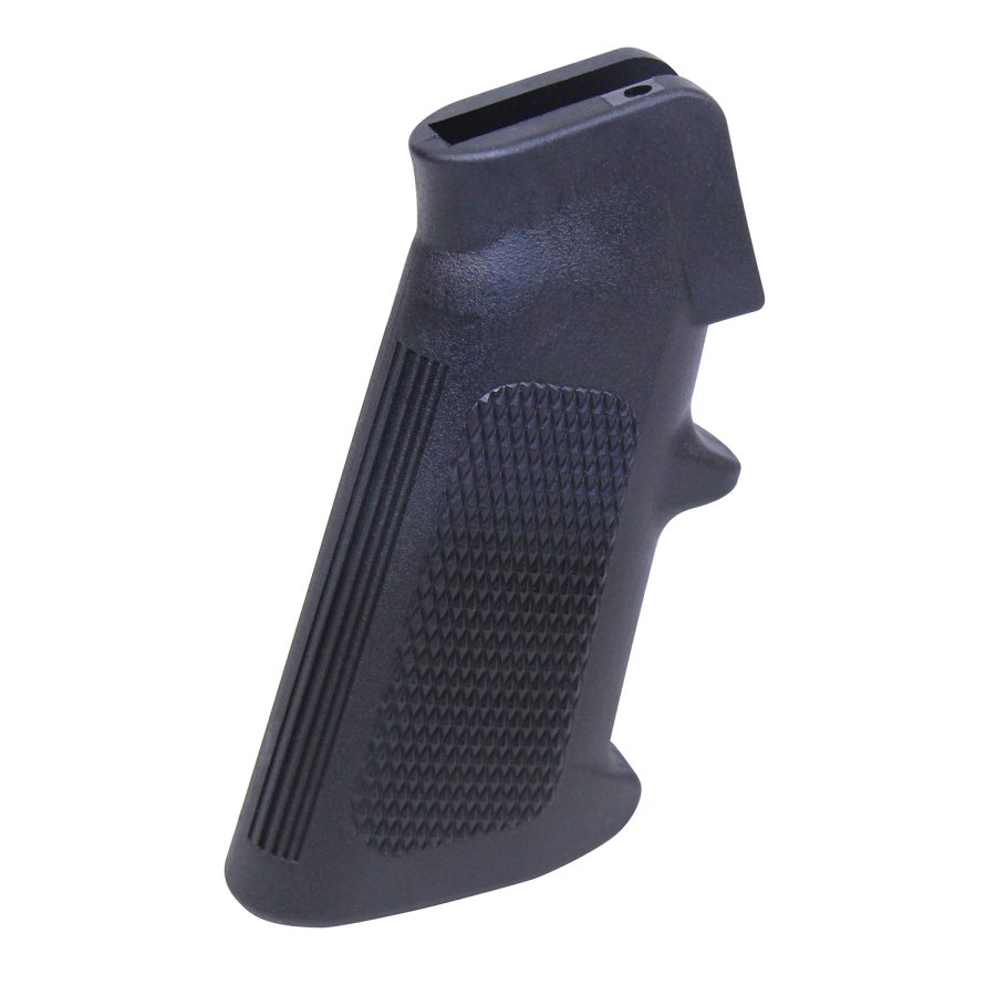 Ergonomic black AR-15 pistol grip, textured polymer with finger grooves for comfort and control.