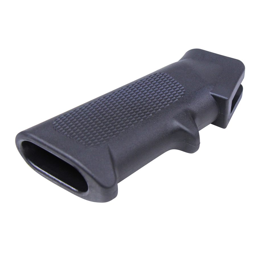 Black ergonomic pistol grip with textured sides for AR-15 firearms, durable polymer construction.