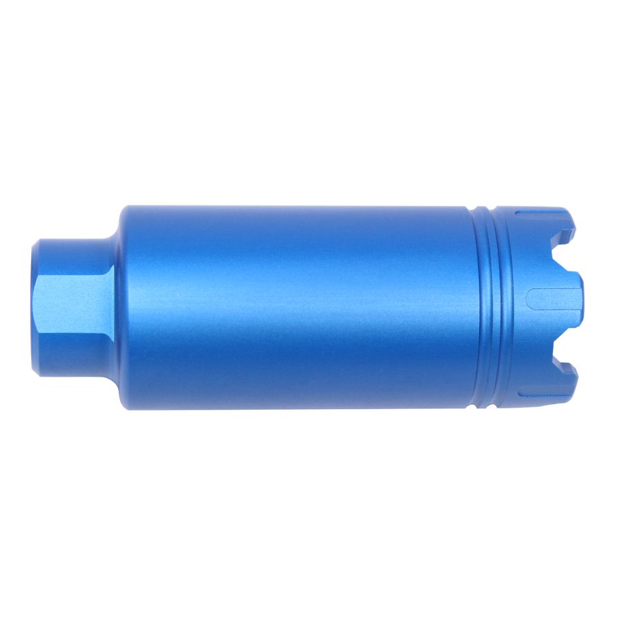 Blue anodized cylindrical metal component with grooves, flange, and crown-like protrusions.