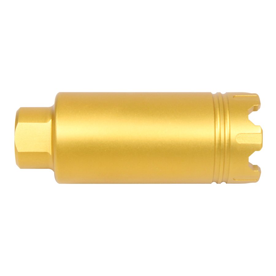 Gold-plated cylindrical component with hexagonal grip and precision grooves for mechanical applications.