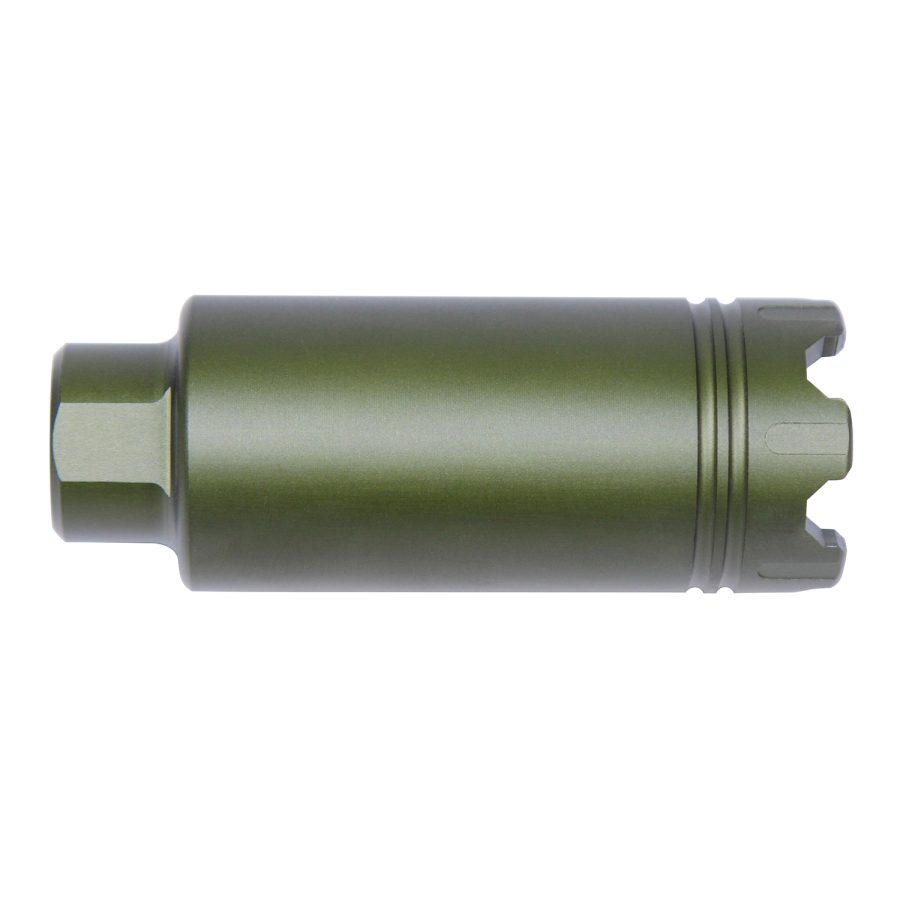 Olive-green mechanical cylinder with hexagonal and pronged ends, precision-engineered, industrial design.