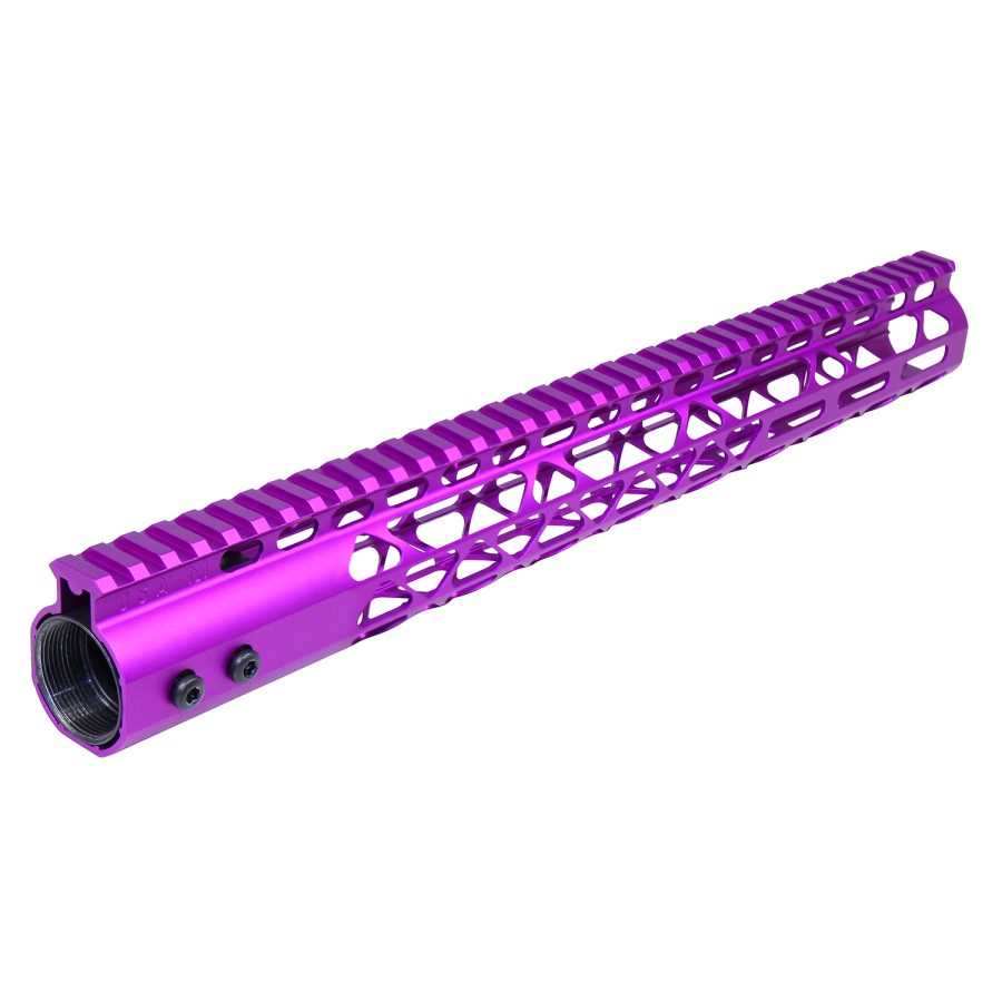 Purple AR handguard with skeletonized design, full-length Picatinny rail, and enhanced cooling features.